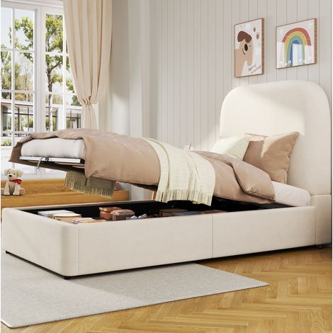 Lit coffre 90 x 200 cm hydraulique avec sommier, tête de lit capitonnée, velours beige HAVRYA (1/5)