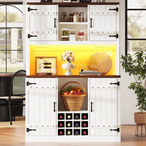 Buffet haut de cuisine 120x40x180 cm, portes style grange, LED RGB via appli, étagères réglables, casier à vin, niche ouverte, Blanc (1/5)