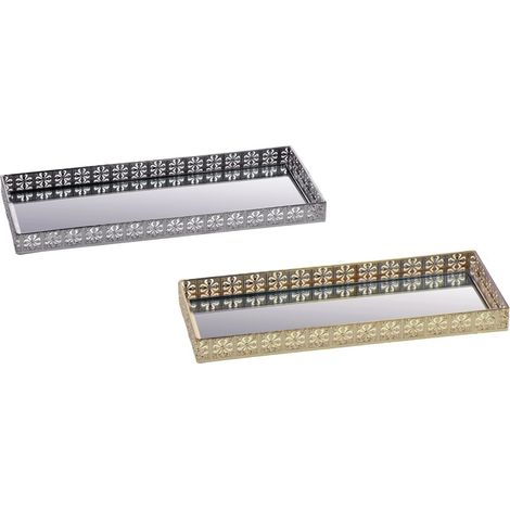 1 Pezzo Vassoio in Metallo e Vetro Rettangolare Oro o Argento 35 x 14 cm 2 Colori (1/2)
