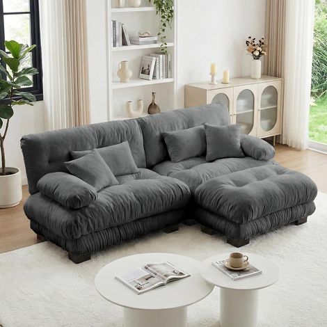 Canapé d'angle Cloud pour salon, canapé deux places en chenille grise avec 2 coussins lombaires et 2 coussins décoratifs, (1/5)