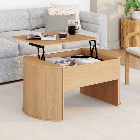 Mesa de centro elevable ovalada DIVIA de 100 cm en madera veteada de haya, diseño redondeado
