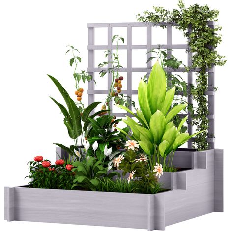 3 Tier Garden Planters  Trellis for Vine Climbing, Wooden Raised Beds, 95x95x110cm, Grey (1/5)
