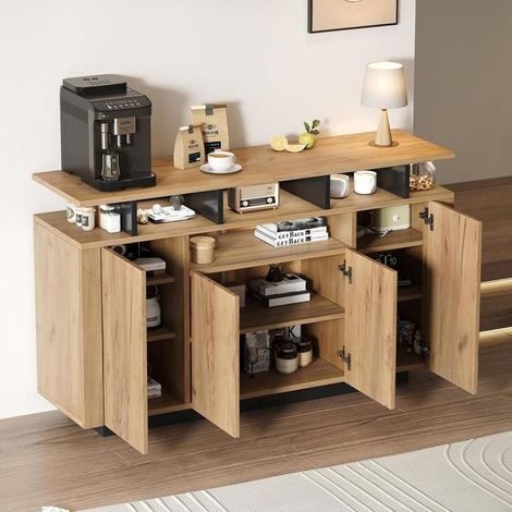 Buffet bas - KOMHTOM - 140x40x85 cm - 4 portes - 3 niches ouvertes - Naturel/Noir (1/5)