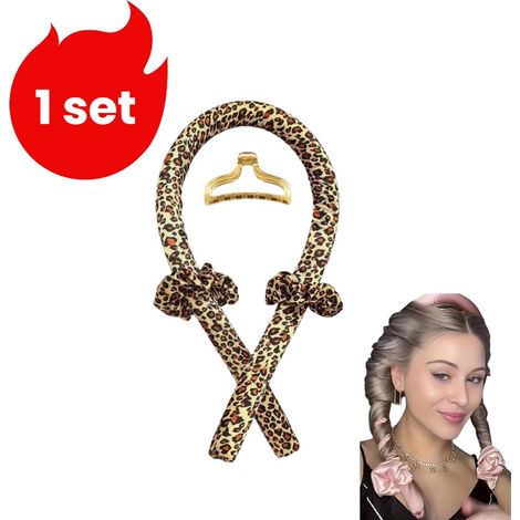 1 kit - Fer à friser non chauffant - Fer à friser pour la nuit - Fer à friser Big Wave pour les paresseuses - Fer à friser 1 - Pince à cheveux 1 - Élastiques à cheveux 2 - Motif léopard (1/5)