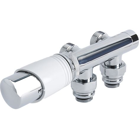 Milano 3/4" Male Thread H Block Angled Valve and TRV Thermostatic Radiator Valve with 15mm Copper Adapters - Chrome and White (1/4)