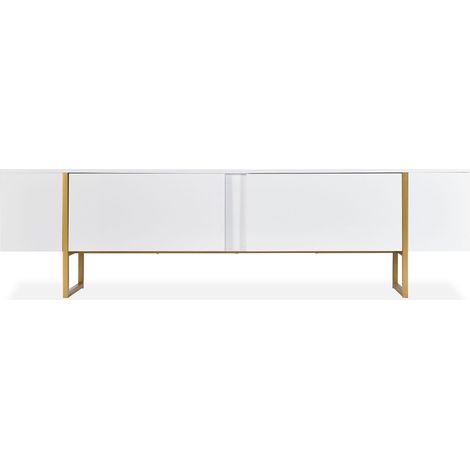 Meuble TV moderne avec 2 portes Valmain L180cm Blanc et Métal Or