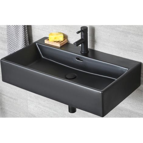 Milano Nero Black Ceramic Wall Hung Bathroom Basin Sink with One Tap Hole - 750mm x 420mm