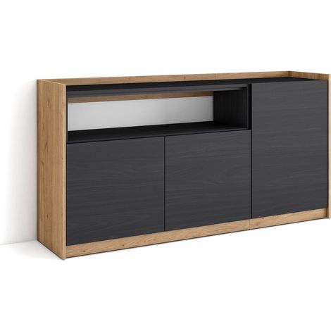 Skraut Home - Buffet salon et cuisine, Commode, 156x37x80cm, 3 Portes, Meuble chaussure, Noir et chêne (1/5)