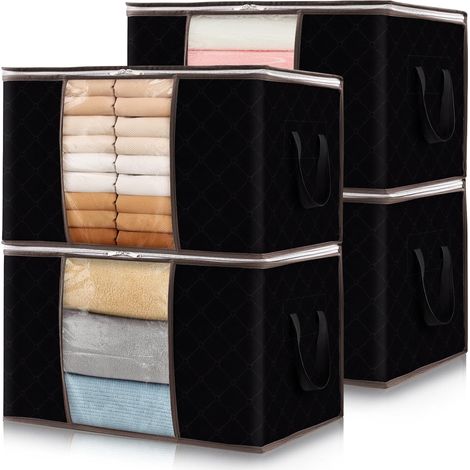 Lot de 4 Boîtes de Rangement Pliables avec Couvercle – Fenêtre Transparente, Poignées Renforcées, pour Vêtements, Literie et Couvertures, Noir (1/5)