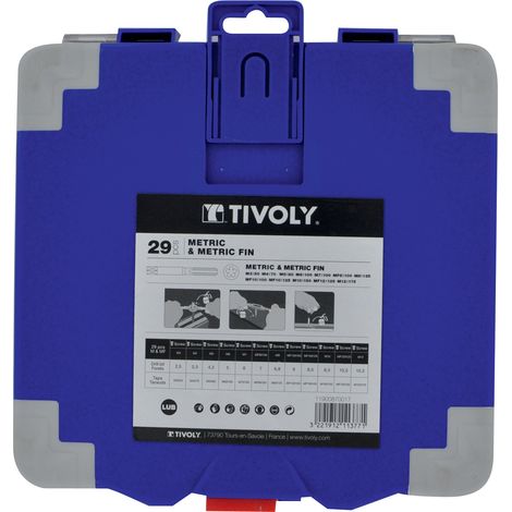 Tivoly • Valigetta PRO 29 pezzi • 12 maschi HSS da M3 a M12 e da MF8 a MF12 • 12 filiere HSS da M3 a M12 e da MF8 a MF12 • 2 tornitori sinistri • 1 portafiliera • Accessori • Per la lavorazione di acc