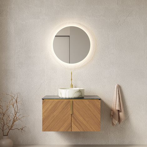 Meuble Vasque Mural 76 Cm Avec Vasque Ronde En Céramique Blanche Effet Pierre, Plan De Travail En Pierre Frittée Noire, Caisson À 2 Portes En Contreplaqué Finition Chêne Brun