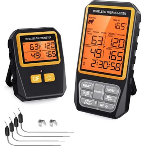 Thermomètre numérique sans fil pour viandes et aliments, avec 4 sondes, minuterie et alarme, pour four, gril, barbecue et pâtisserie maison.-AquaForge (1/5)