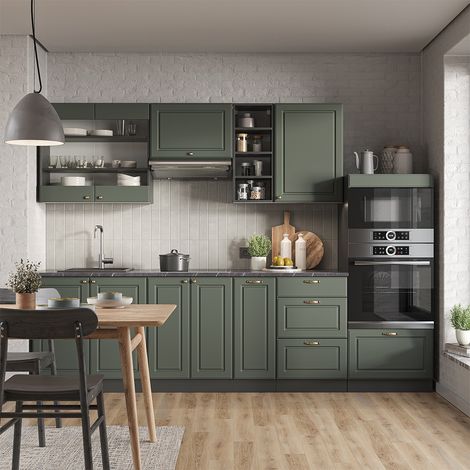 Cucina componibile Fame-Line, Verde-oro rustico/Antracite, 280 cm , PL Antracite, Vicco