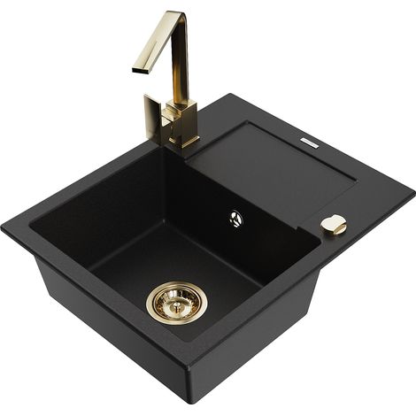 Mexen Enzo 1 Becken-Granitspüle mit Abtropffläche und Mischbatterie Rita, Schwarz - 6506-77-670300-5 (1/5)
