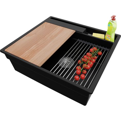 PRIMAGRAN Evier Cuisine en Granit 58x53cm, Lavabo 1 bac + Kit de Vidage + Accessoires, Évier à Encastrer au meuble 60cm - Oslo Pocket, Noir (1/5)