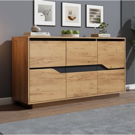Buffet 140 x 40 x 70 cm à 3 portes, étagères réglables, noir et bois HAVRYA (1/5)