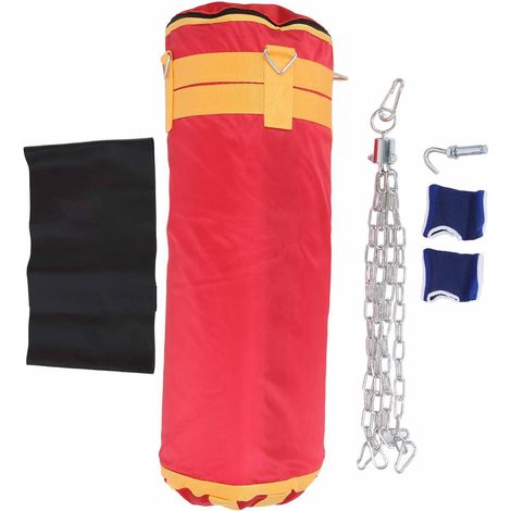 Sac de boxe suspendu 80 cm avec chaînes, crochets et protège-mains pour enfants, punching-ball de frappe. (1/5)