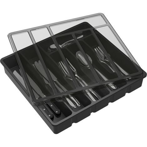 Range Couverts pour Tiroir avec Couvercle, Boîte de Rangement Couverts de Cuisine, Organisateur de Couverts en Plastique, Boîte de Rangement Couverts pour Tiroir de Cuisine et Comptoir, 6 Compartiment (1/5)