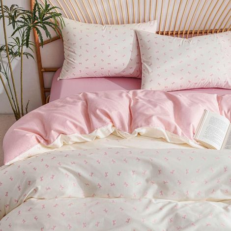 Parure de lit 135 x 200 cm en coton beige et rose avec nœuds (1/5)