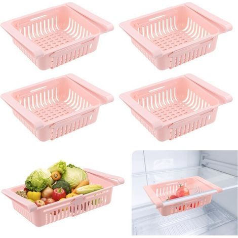 4 Pièces Boite de Rangement Frigo, Organisateur Frigo Escamotable, Rangement Frigo Rétractable, Accessoires Frigo Organiseur pour Cuisine, Armoires, CongéLateur, Garde-Manger (Rose) (1/4)