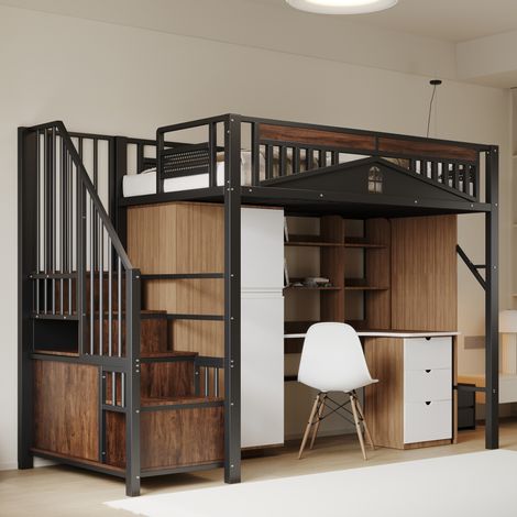 Lit mezzanine moderne 90x200 cm en métal et bois noir, avec escalier de rangement, petit placard, sommier à lattes et barrière de sécurité (1/5)