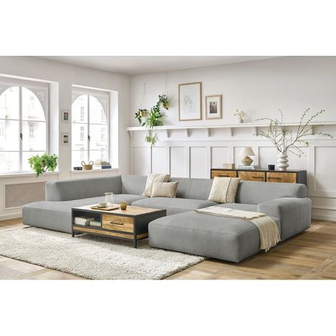 BOBOCHIC - Canapé panoramique fixe compact LAVENA tissu velours Angle droit Gris clair (1/5)