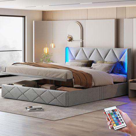 Betten mit Stauraum 140x200 cm, 2 Plätze, mit LED-Kopfteil, hydraulischem, Holzlattenrost, Metallrahmen, gepolstertes Samtbett – Grau