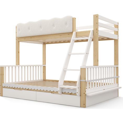 Lit superposé enfant 90x200/140x200 cm avec tiroirs et porte-revues, blanc et chêne (1/5)