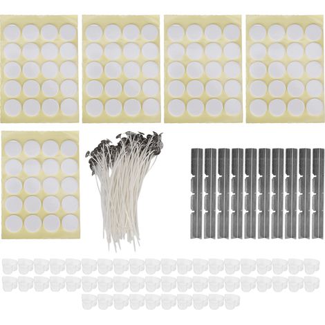 260 mèches bougie 15cm, 100 autocollants double face, 50 coquilles cire, 10 supports mèche inox, cœur plastique jaune - kit complet fabrication bougies