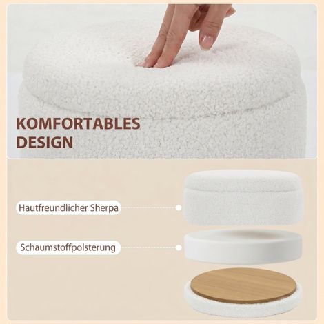 Tabouret de rangement Sherpa avec couvercle réversible, pouf rond pour salon et chambre, blanc (1/5)