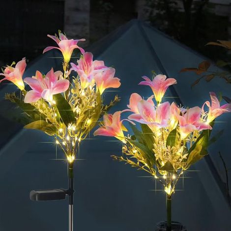 Lot de 2 : Lampes solaires de jardin en forme de lys à 7 têtes — Lampes d'extérieur sur piquet en fleurs artificielles (Rose) (1/5)