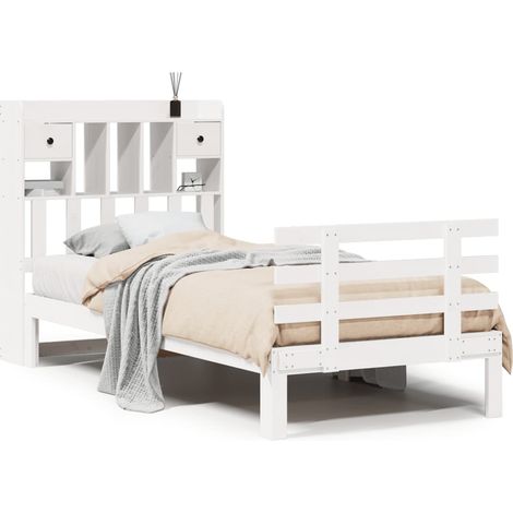 Lit simple  Lit adulte  Lit bibliothèque sans matelas blanc 90x200cm bois de pin massif