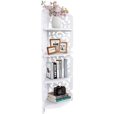 Étagère sur pied, 4 étagères d'angle, étagère de rangement sur pied, étagère de bibliothèque, étagère avec motif fleur, Présentoir sculpté,pour coin de salle de bain ou cuisine, blanc (1/5)