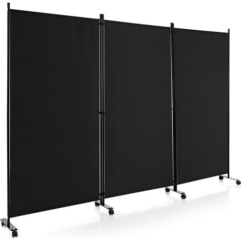 COSTWAY Paravento da Interno in Metallo, Separé Divisorio Interno Pieghevole con Piedini Stabili, Pannelli Divisori per Interni per Casa e Ufficio (Nero, 262 x 180 cm (3 Pannelli con ruote))