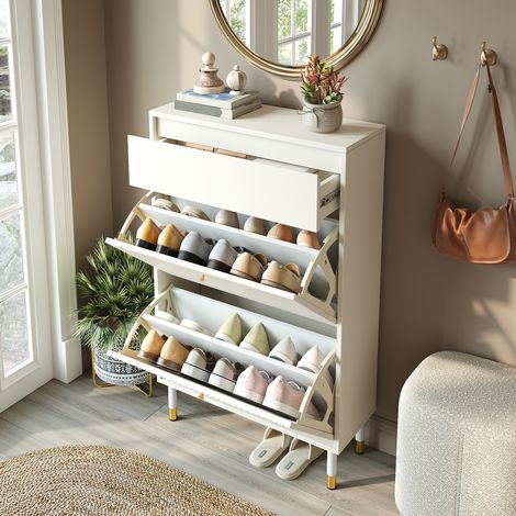 Zapatero estrecho con 1 Cajón y 2 Compartimentos Abatibles, Frente Acanalado, para Entrada, MDF y Tablero, Blanco, 65 × 24 × 104 cm (1/5)
