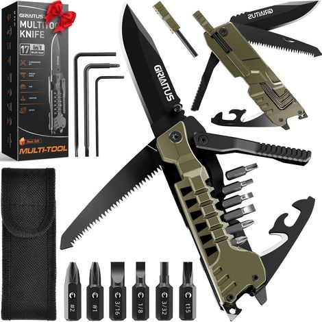 17-in-1 Multitool Taschenmesser mit Säge, Schraubendreher-Bits und Pfeife für Camping & Outdoor
