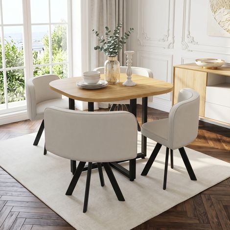 REDOM - Conjunto de mesa de comedor y 4 sillas 85x85x74 cm - ahorra espacio - sillas bajo la mesa - MDF y lino - beige y roble (1/5)