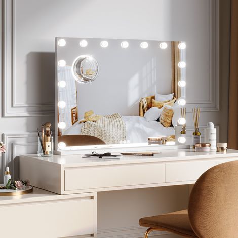 Miroir de maquillage LED type cinéma américain à poser - 17 ampoules, 3 températures de couleur, variateur tactile, USB-C/USB - 80x60 cm, blanc, prise UE - Desktop LED makeup mirror square 3224" 17pcs (1/5)