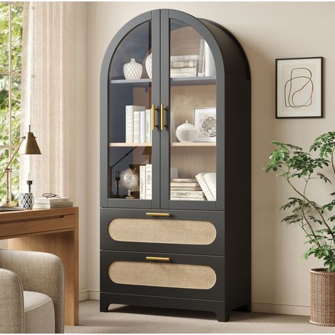 MODFU – Vetrina 80x40x175 cm in MDF/metallo con ante in vetro, 2 cassetti in rattan PE, 3 mensole e anti-ribaltamento – Nero (1/5)