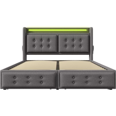 Lit rembourré 180x200, lit double avec tête de lit LED et fonction de charge USB-C, 4 tiroirs, lit coffre avec sommier à lattes en bois et cadre en métal, capacité de charge 300 kg, gris, coton (sans (1/5)