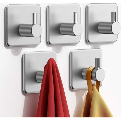 5-teiliges Set selbstklebender Haken, Handtuchhalter, Wandhaken aus Edelstahl für Badezimmer, wasserfester Handtuchhaken für Küche, Wohnzimmer und Büro (1/5)