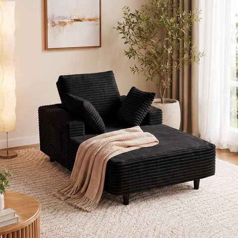 Canapé-lit 1 place confortable en velours côtelé – Avec accoudoirs, coussins et pieds de soutien stables – Méridienne – 160x105 cm – Design élégant – Noir (1/5)