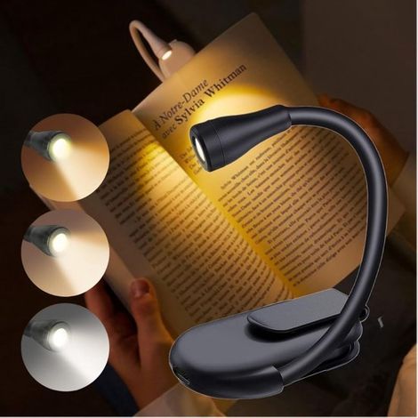 Leselampe – LED-Buchleuchte – Wiederaufladbare Leselampe mit 3 Augenschutzleuchten – 360° flexibler Schwanenhals, zum Anklemmen, Schwarz (1/5)