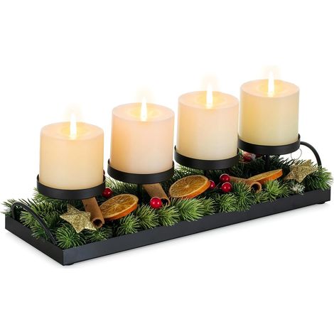 Moderner länglicher Adventskranz aus Metall, Schwarz, Kerzenhalter (1/5)