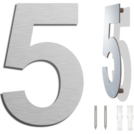 (Numéro 5 Cinq) Numéro de maison moderne 152 mm de hauteur, fabriqué en acier inoxydable 304 brossé, aspect flottant et facile à installer