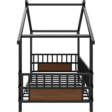 Cama infantil de metal con forma de casa 90 x 200 cm con barrera de seguridad negra (1/5)