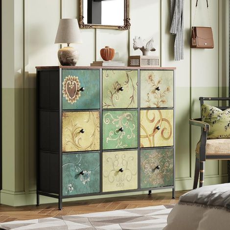 Commode à 9 Tiroirs Commode Chambre avec tiroirs en Tissu Meuble de Rangement avec Plateau en Bois et Structure en métal Meuble Chambre pour Salon Chambre à Coucher Couloir