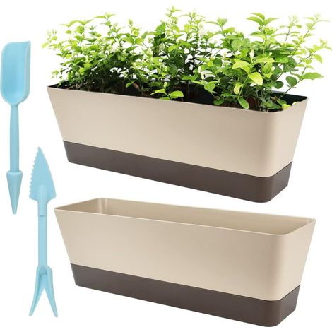 2 Pack Rectangle Flower Pots with Drainage Holes and 2 Long Shallow Seedling Pots for Bay Window, Kitchen Windowsill Shelf, Coffee Table(Plastic) (1/5)