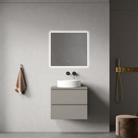 Mobile bagno sospeso 60 cm Grigio Cenere per Lavabo d'appoggio Specchio Quadro Retroilluminato - Fiji Paint Top