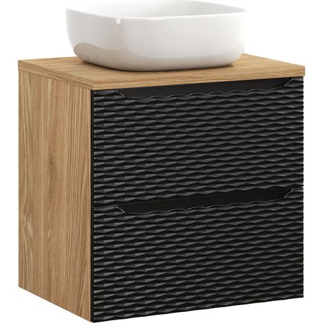 Waschtisch 60cm in Eiche mit schwarz, OLUO-56-BLACK, Front mit 3D-Struktur in Wellenoptik (1/5)